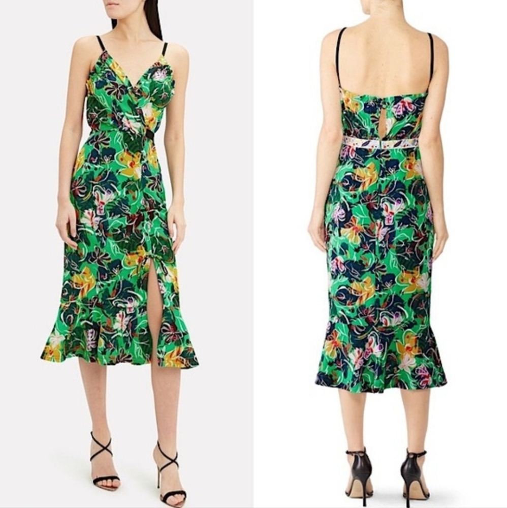 SALONI Jennie Emerald Cup Silk Floral Embroidered V Neck Faux Wrap Midi sz 2